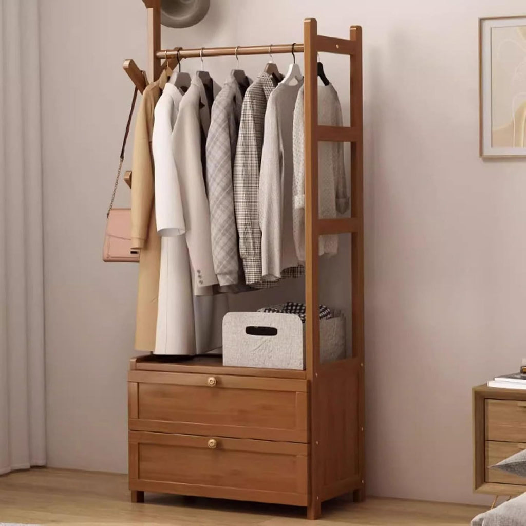 Free Standing Coat Stand Garment Rack Bamboo Clothes Rail Rack with Storage Shelves and 2 Tier Storage Cabinet, Portable Open Wardrobe for Hanging Clothes