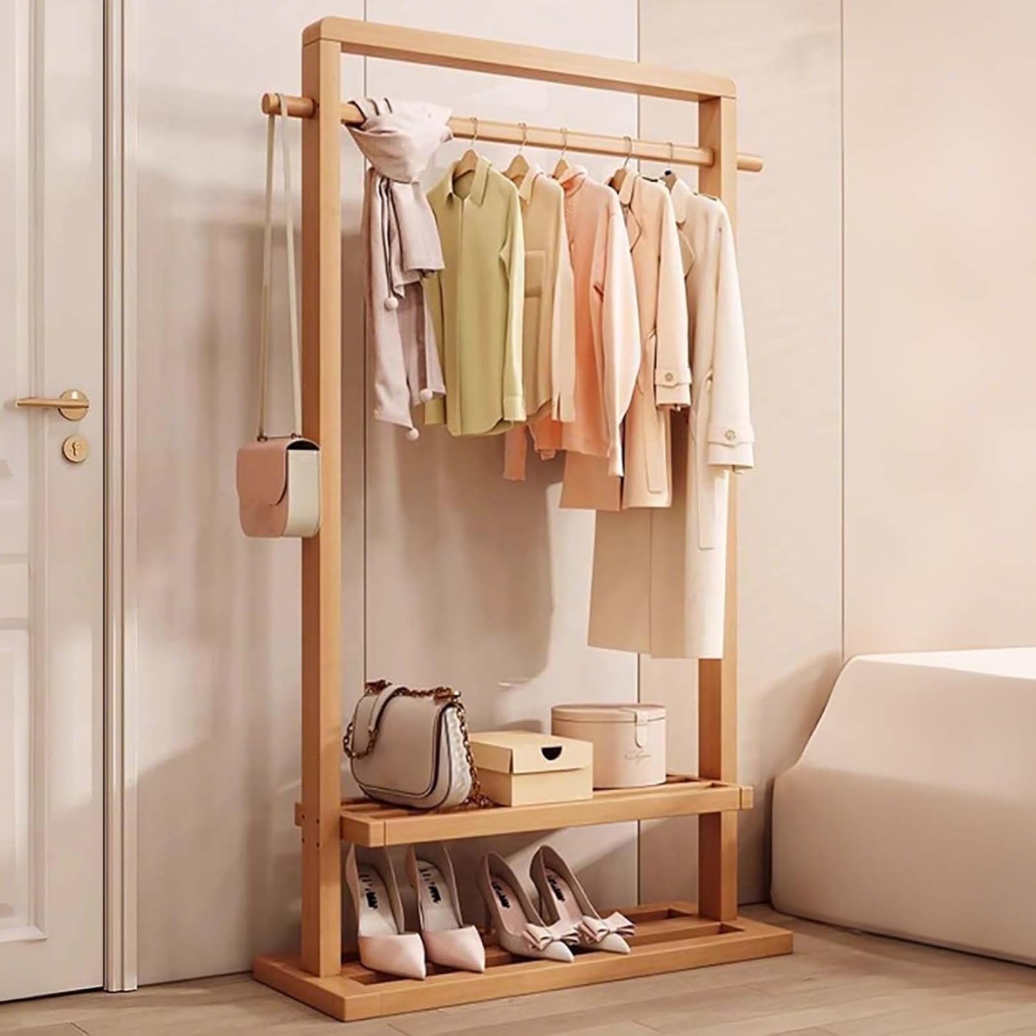 Clothes Rack, Bamboo Floor-standing Bedroom Coat Rack,Rack Heavy Duty Garment Racks For Hanging Clothes,Shoe Clothing Storage Organizer Shelves, 63 in Height(Natural,85CM/33.5IN)