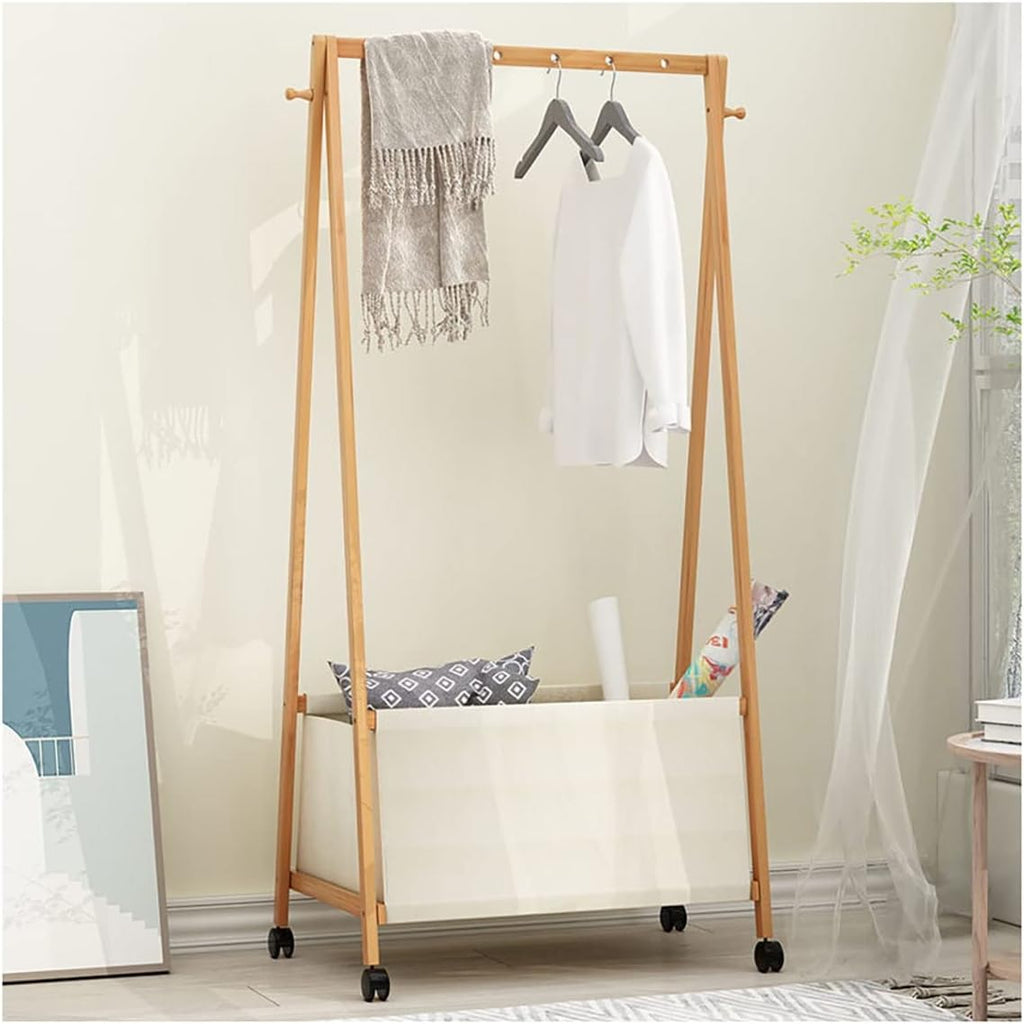 Foldable Clothes Hanging Rack, Bamboo Garment Rack On Wheels, for Bedroom Living Room, Space Saver,70 * 37 * 146cm
