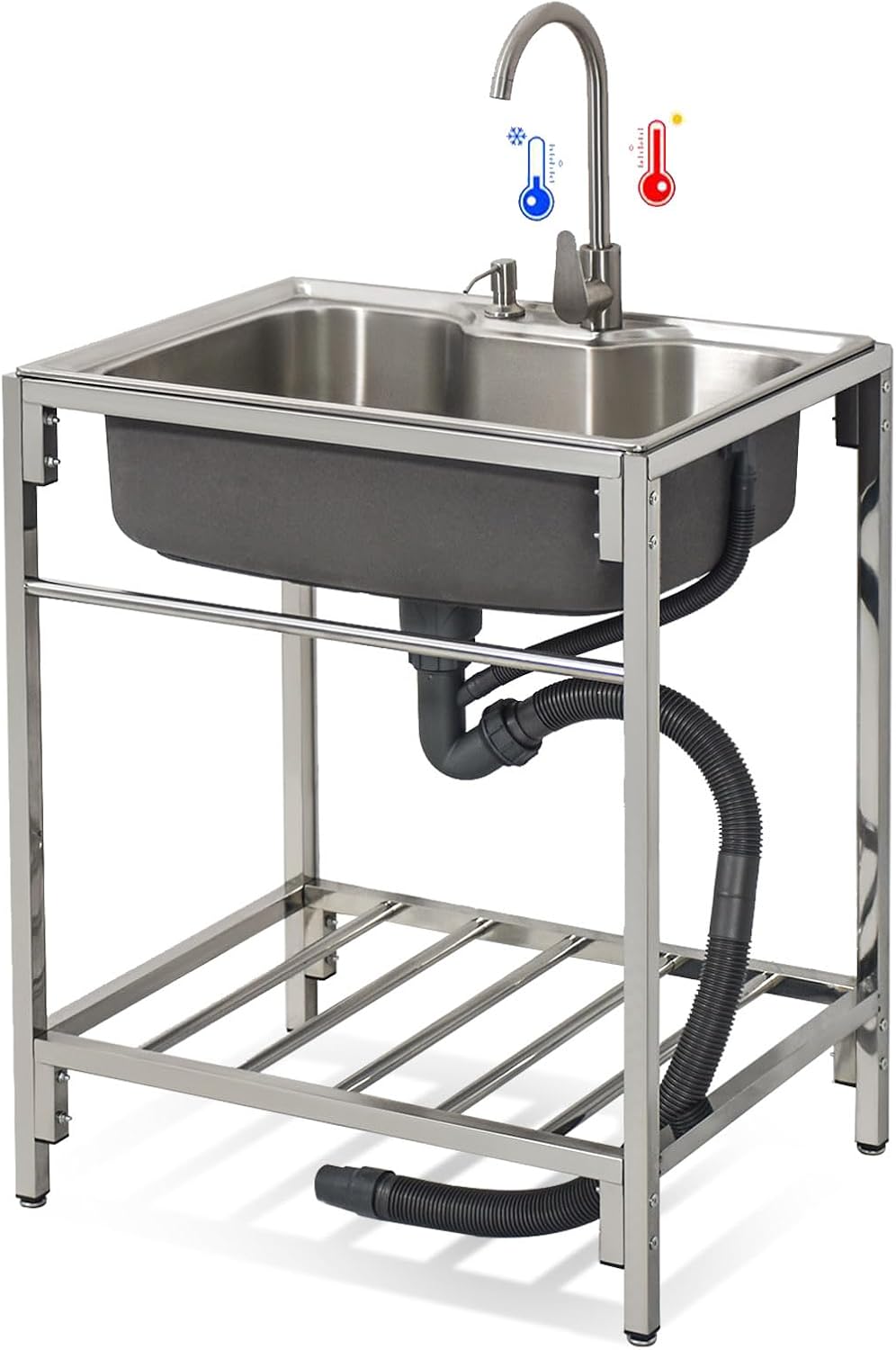 Kitchen Utility Sink,Freestanding Sink Single Bowl Stainless Steel Sink,Outdoor Garden with Hot and Cold Water Pipe Tap Suitable for