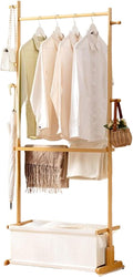 Bamboo Garment Rack Freestanding Clothes Hanging Shelf Bedroom Clothing Organiser Rack with Top Hanging Rod and Bottom Storage Shelves for Living Room Hallway Entryway ,WoodColor-70*34*167cm