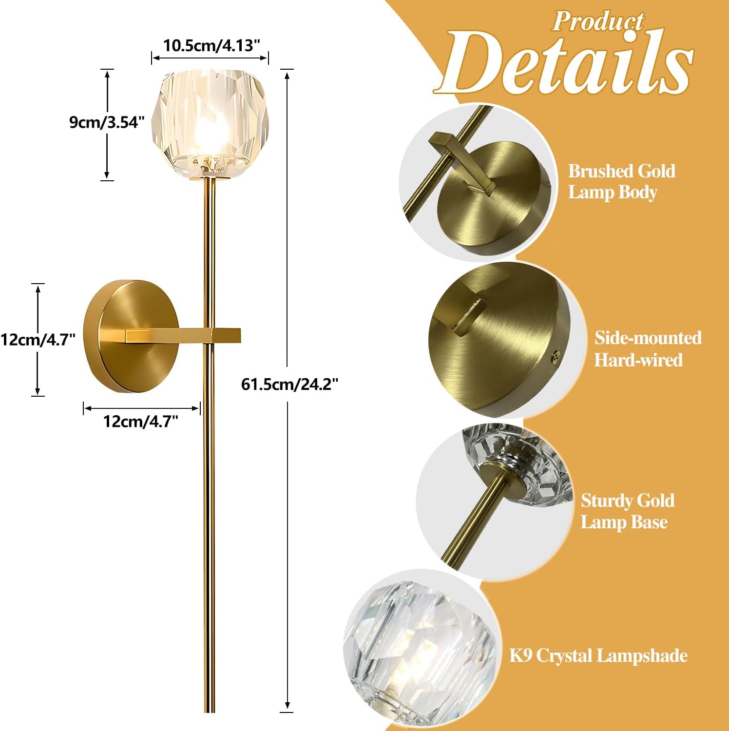 BOKT Mid Century Modern Gold Crystal Wall Sconce Set of Two Brushed Brass Gold Long Wall Sconce Lighting Set of 2 Vintage Clear Glass Hard-Wired Wall Lamp for Bedroom Bedside Living Room