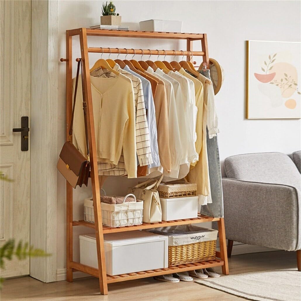 Bamboo Garment Rack Clothes Shelf Shoes Storage with Hooks Brown Wood Finish Includes Hardware