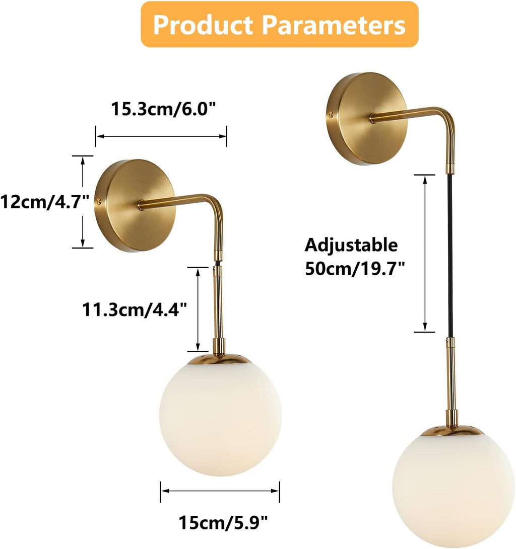 KCO Lighting Frosted White Glass Wall Sconce Set of Two Brass Gold Globe Ball Wall Light Adjustable Cord Industrial Vanity Wall Lamp for Bathroom Mirror Bedside Stairs (White)