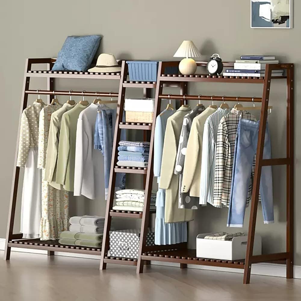 POLGDW Bamboo Freestanding Coat Rack with Top Shelf and Shoe Rack Garment Rack for Clothes Hanging Rod Open Wardrobe Closet nizer for Bedroom and Hallway