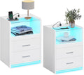 AOGLLATI LED Nightstand Set of 2 with Charging Station, Night Stand with Pull-Out Shelf, 2 Drawers, Bedside Table with LED Lights, Modern End Table with USB Ports Outlets, 2 Pack, White
