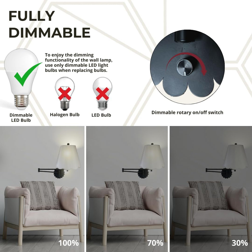 Royal Designs, Inc. Set of 2 Scalloped Swing-Arm Dimmable Wall Lamp - Black Lamp with Gray Scallop Hardback Lampshade