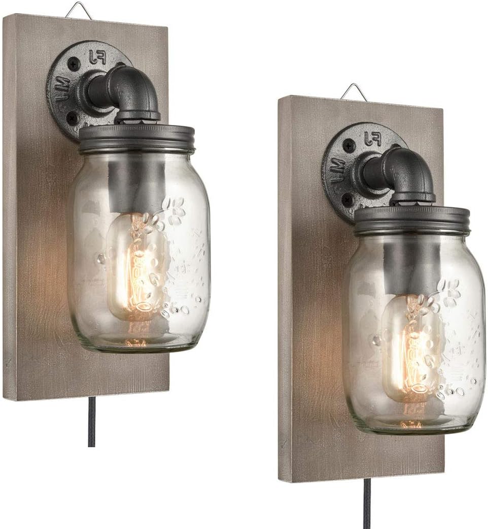 EUL Farmhouse Mason Jar Wall Sconces Hanging Wall Light, Plug-in Set of 2 2-Pack