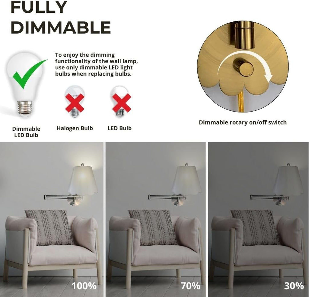 Royal Designs, Inc. Set of 2 Scalloped Swing-Arm Dimmable Wall Lamp - Brushed Satin Brass Lamp with Gray Scallop Hardback Lampshade