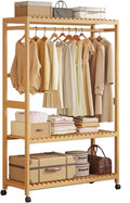 Bamboo Clothes Rack Clothing Hanging Garment Rack Stand Open Wardrobe Closet with 3 Tier Storage Shelves Organizer for Living Room Bedroom Entryway