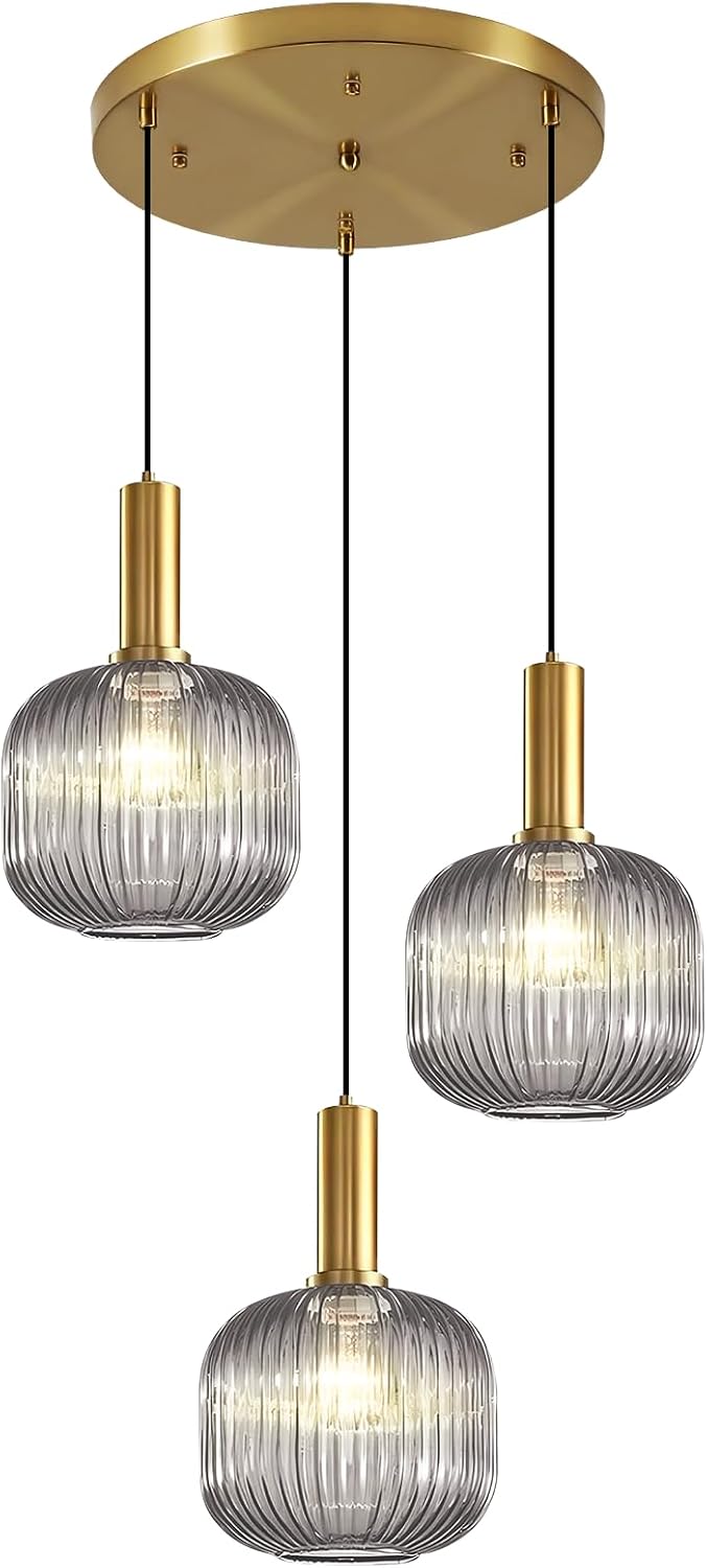 Gold 3-Light Pendant Light Fixture, Modern Smoke Gray Glass Cluster Pendant Lights Kitchen Island, Multi Light Pendant Chandelier Adjustable Hanging Lights for Dining Room Stairs Foyer