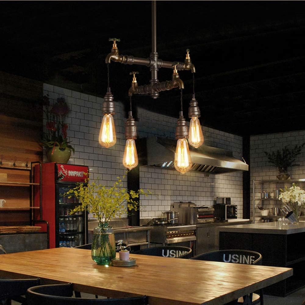 4-Light Antique Industrial Tap Wrought Iron Pendant Chandelier Lighting Vintage Steampunk Water Pipe Shaped Retro Loft Hanging Lamp Fixture Rustic Lighting 444813