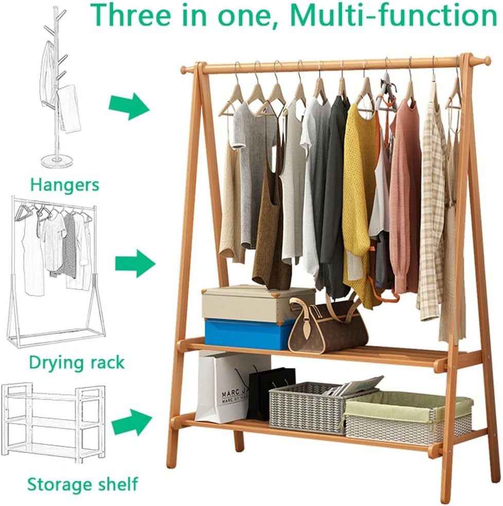 Coat Rack, Bamboo Garment Rack 2 Tier Storage Shelves Clothes Hanging Rack With 2 Side Hooks Clothing Rack Portable Wardrobe Closet Organizer Load Up To 70kg