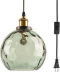 Small Plug in Pendant Light for Ceiling, Green Glass Hanging Light Shade 7.8-inch Hand Blown Mid Century Modern Chandelier for Kitchen Island Dining Room Living Room Bedroom Corner