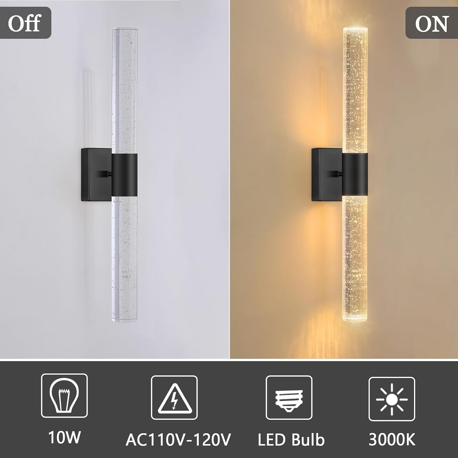 Black LED Wall Sconces Set of 2 with LED Warm Light Interior Glam Crystal Wall Light, Hardwired