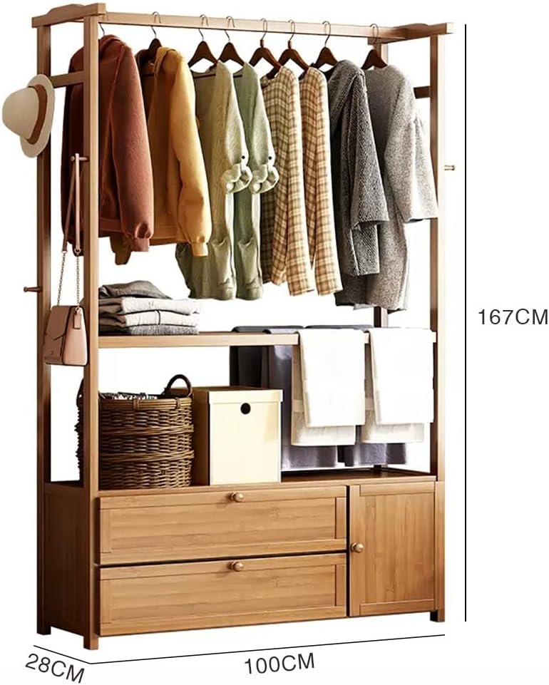 Clothes Rail Rack Bamboo, Open Wardrobe Closet,Garment Rack with Storage Shelves Organizer and One Top Rod for Hanging Clothes Bedroom, Free Standing Coat Rack 100x28x167cm