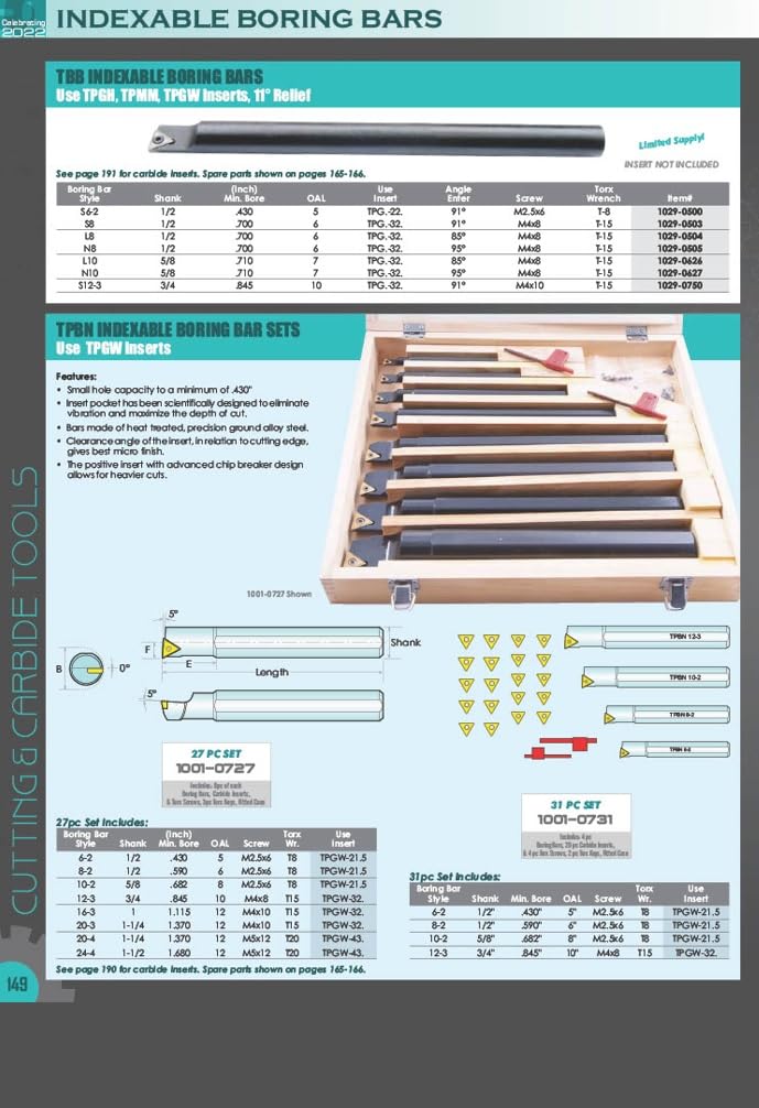 HHIP 1001-0705 7 Piece 1/2' Round Shank Indexable Boring Bar Set