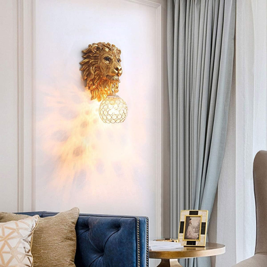 Gold Lion Head Wall Sconces Set of 2, Modern Luxury Crystal Globe Wall Lamp, Resin Animal Head Decorative Wall Mounted Light Fixtures for Living Room Bedroom Hallway Entryway