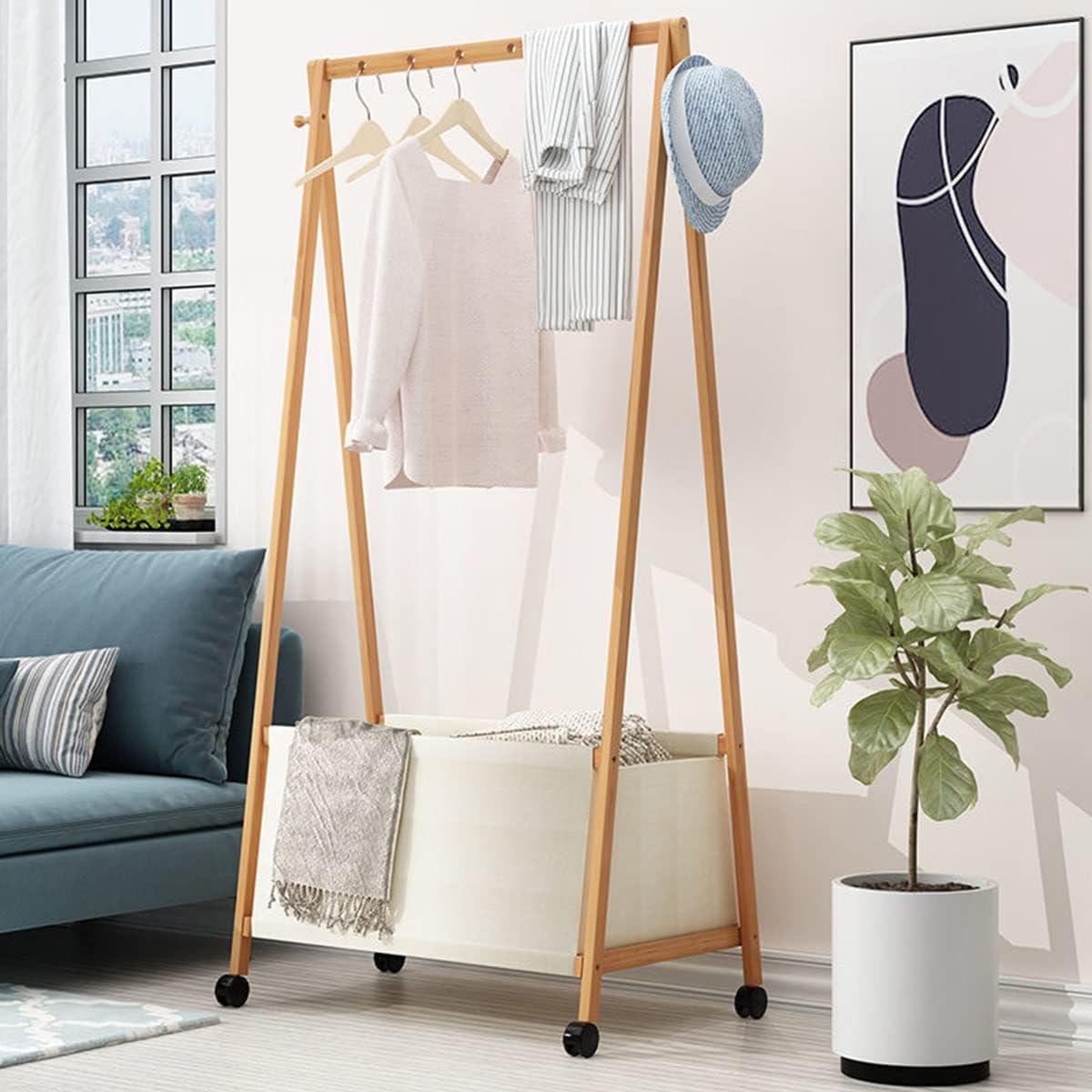 Bamboo Garment Rack Coat Clothes Hanging with 4-Tire Box Racks with Clothing Storage Organizer for Entryway and Bed Room/70Cm