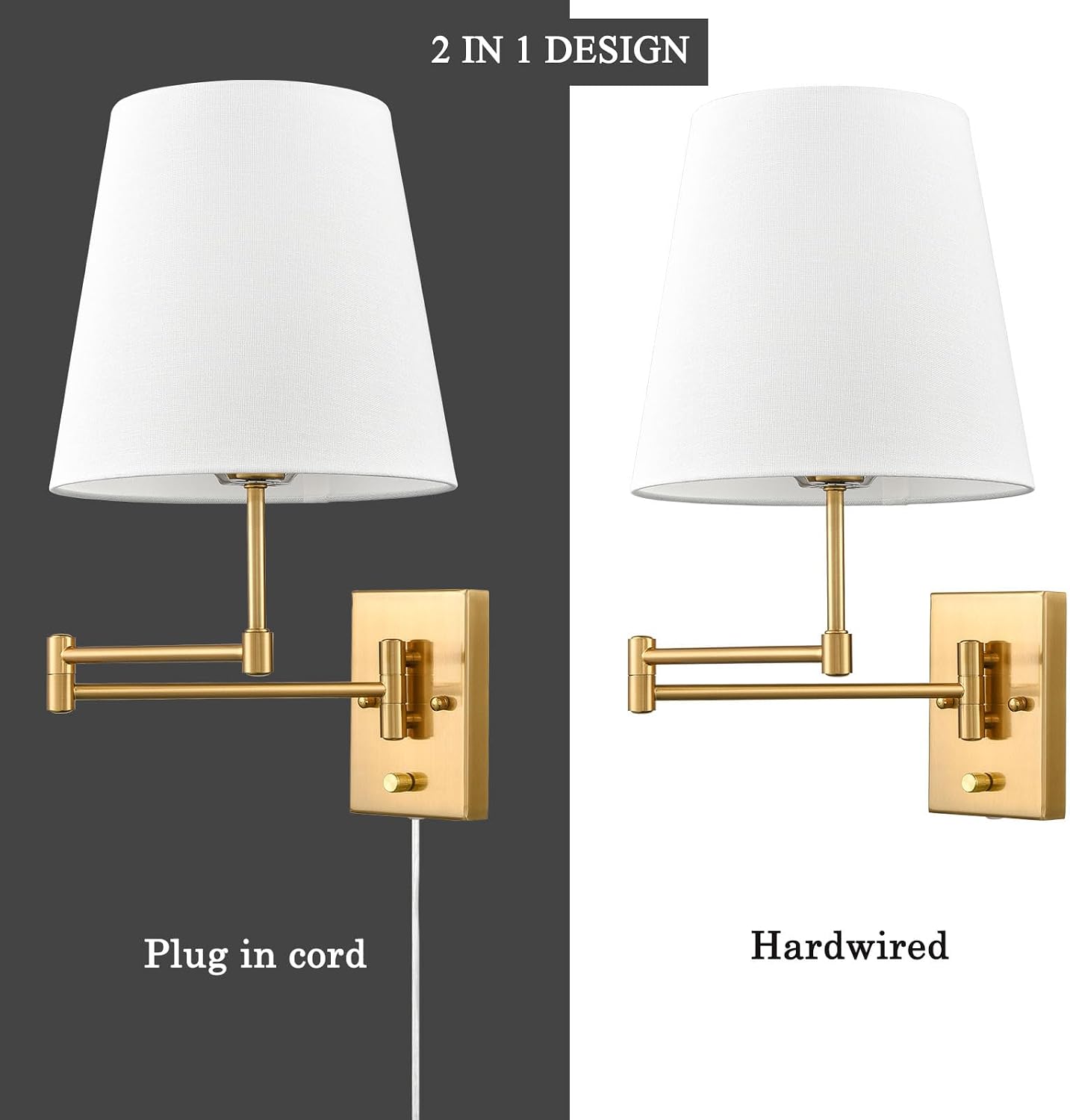 HYDELITE Gold Swing Arm Wall Lamp Brass Wall Sconces with Linen Shade | Plug-in or Hardwired Wall Light Fixtures Bedroom Bedside, House Reading, Living Room, Home Hallway, Dinning Set of 2