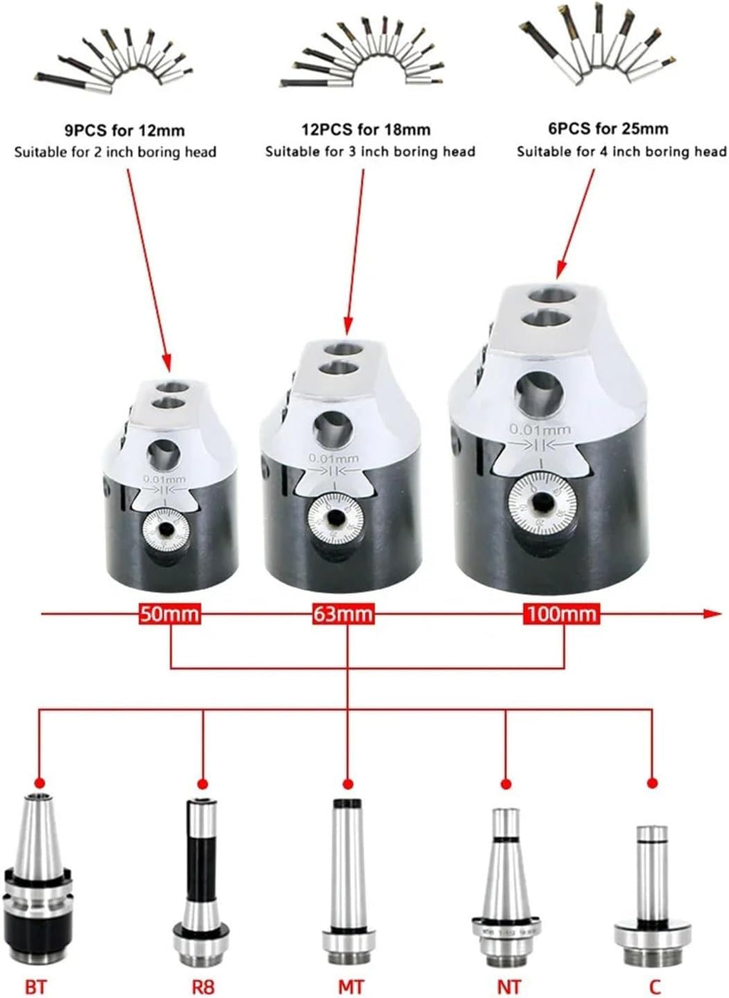 Bar Set Tungsten Carbide Bar Head MT2 MT3 MT4 R8 BT NT Boring Bar Set Device F1 Boring Tool F1 Boring Hole(18mm-12pcs (Set))