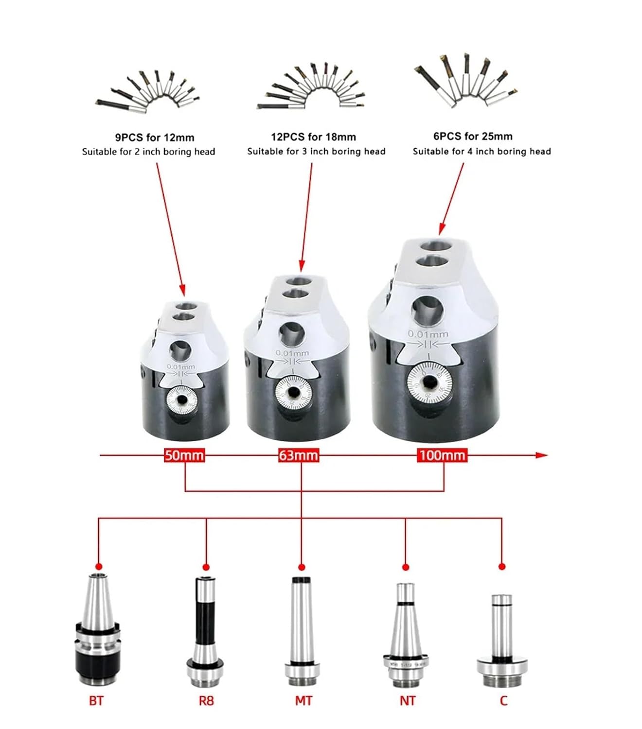 Bar Set Tungsten Carbide Bar Head MT2 MT3 MT4 R8 BT NT Boring Bar Set Device F1 Boring Tool F1 Boring Hole(25mm-6pcs (Set))