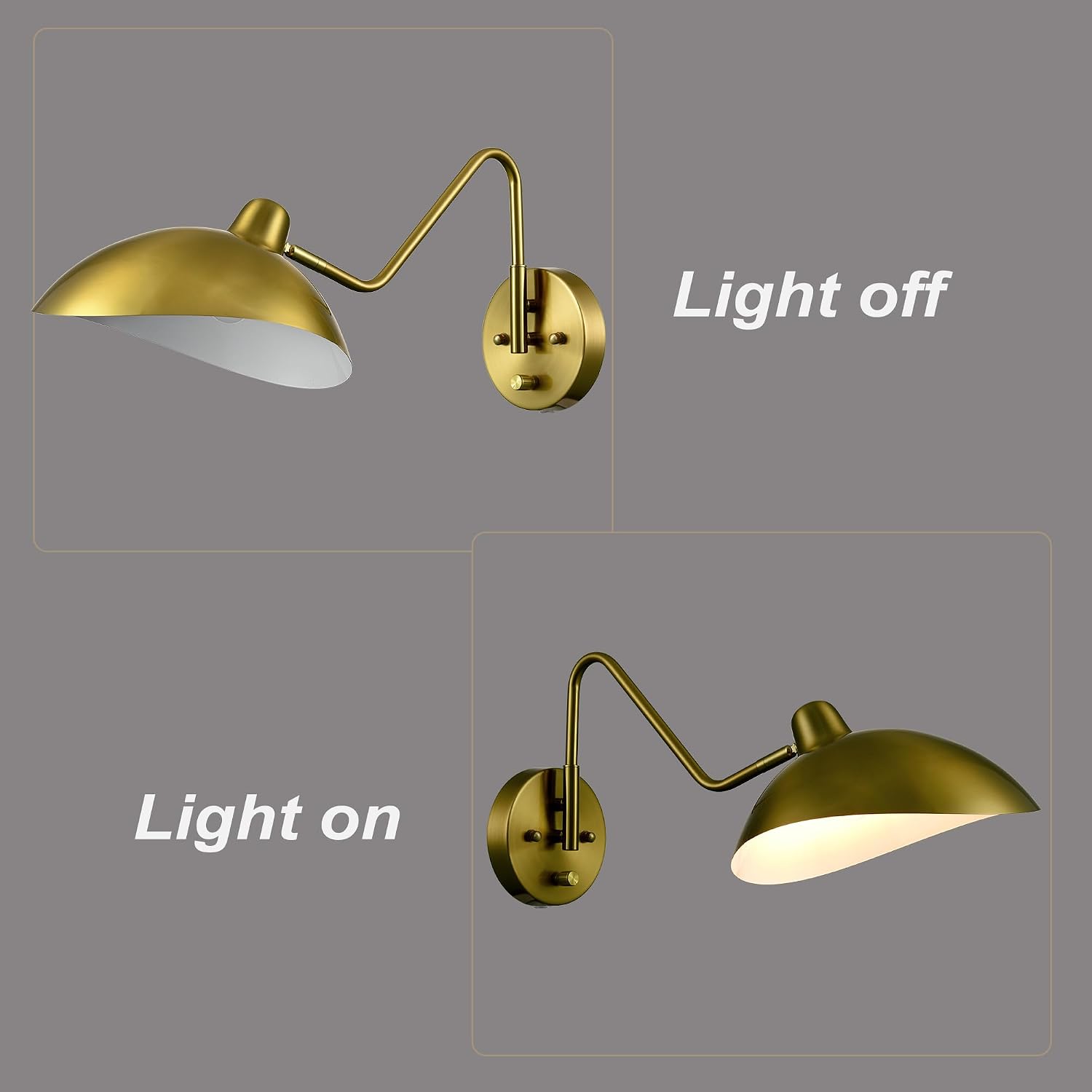 Plug-in Wall Sconce Gold Swing Arm Wall Sconce Brass Wall Lamp with on/Off Switch for Bedroom Set of 2