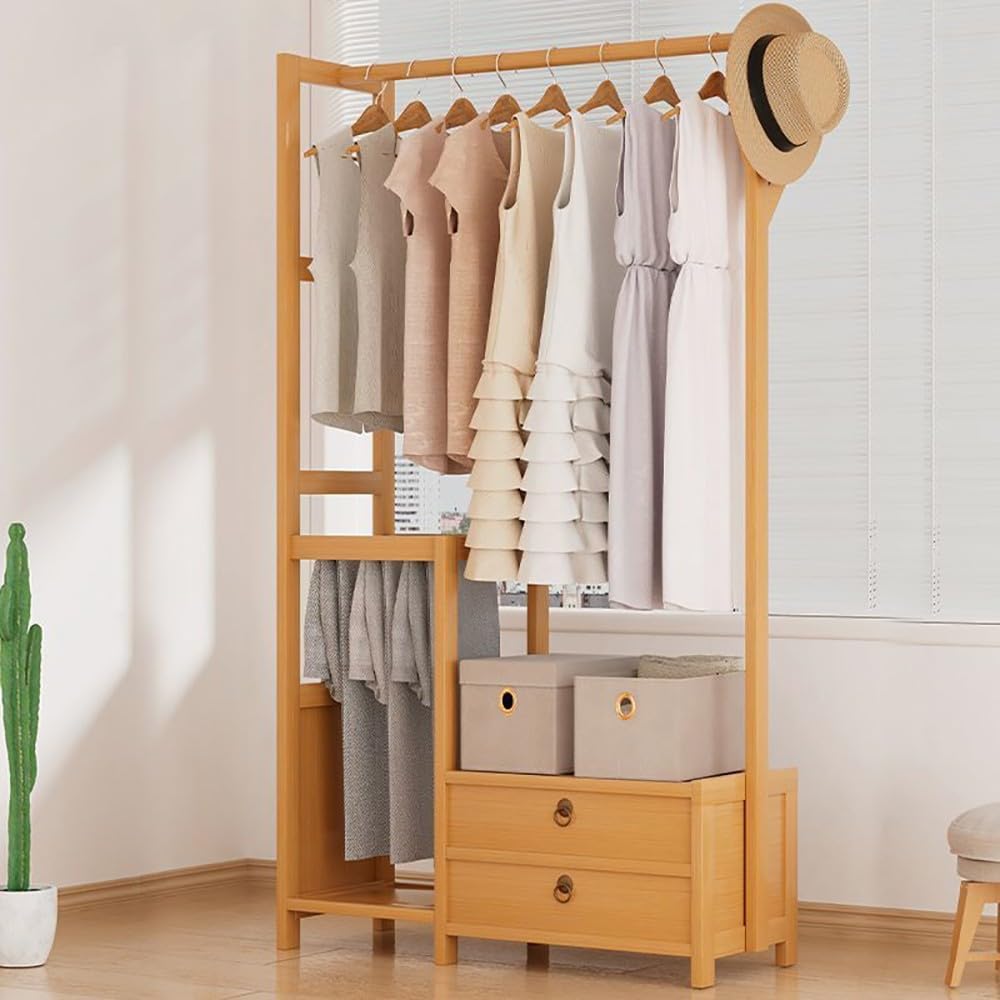 Bamboo Clothes Rack with Hanging Rod and Storage Shelves Free Standing Garment Rack for Bedroom and Hallway