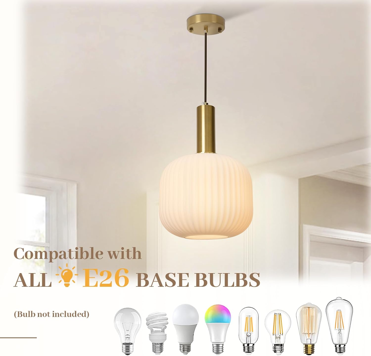 Milk Glass Pendant Light, Mid Century Modern Pendant Lighting with Striped Glass Globe, White and Gold Pendant Ceiling Light Fixture for Kitchen Island Dining Room Bedroom Hallway