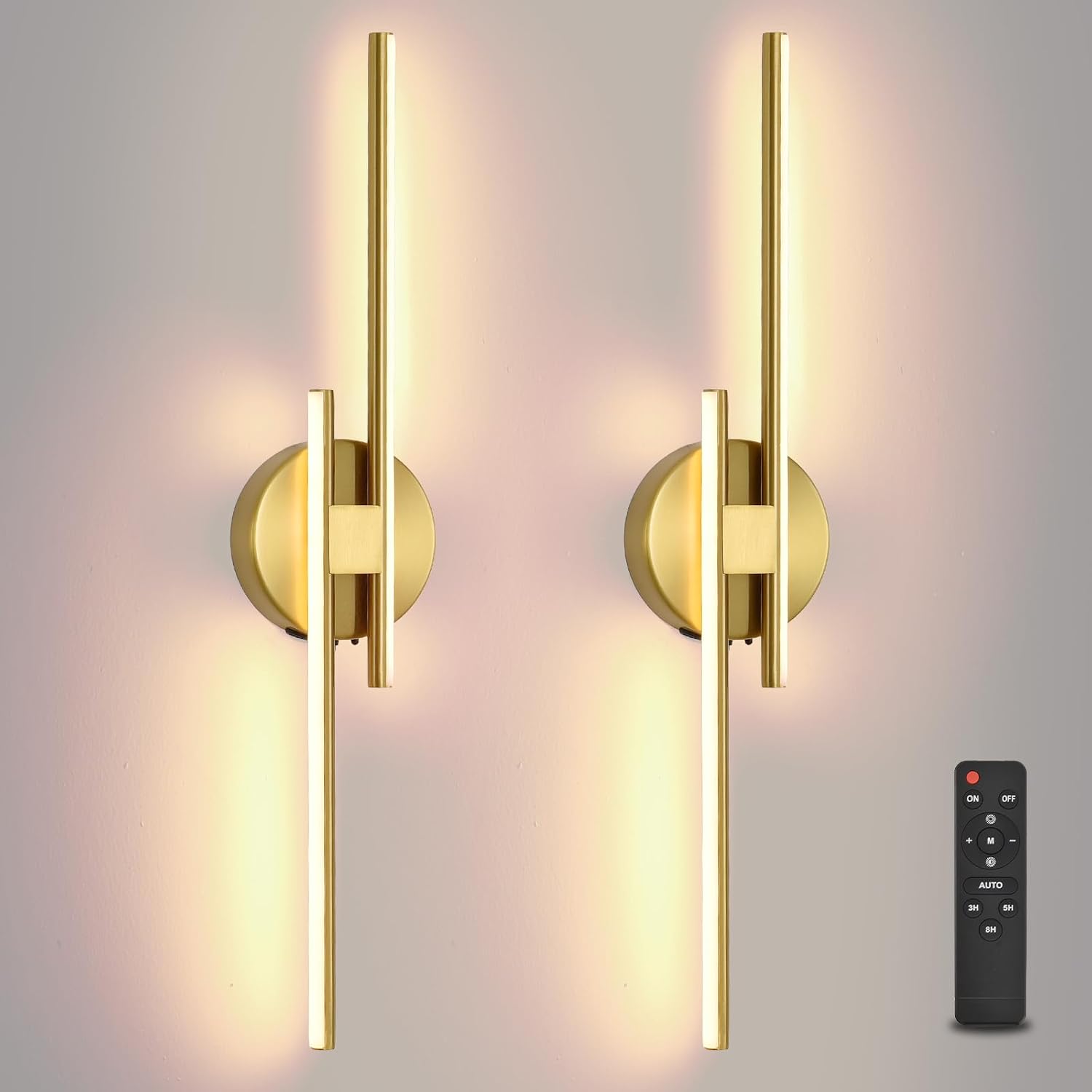 Battery Operated Wall Sconce Set of 2,Gold 23.6' 3000K-6500K LED Dimmable Wall Sconces with Remote Control,Wireless Wall Light USB Rechargeable for Bedroom Hallway Living Room Background Wall Lighting