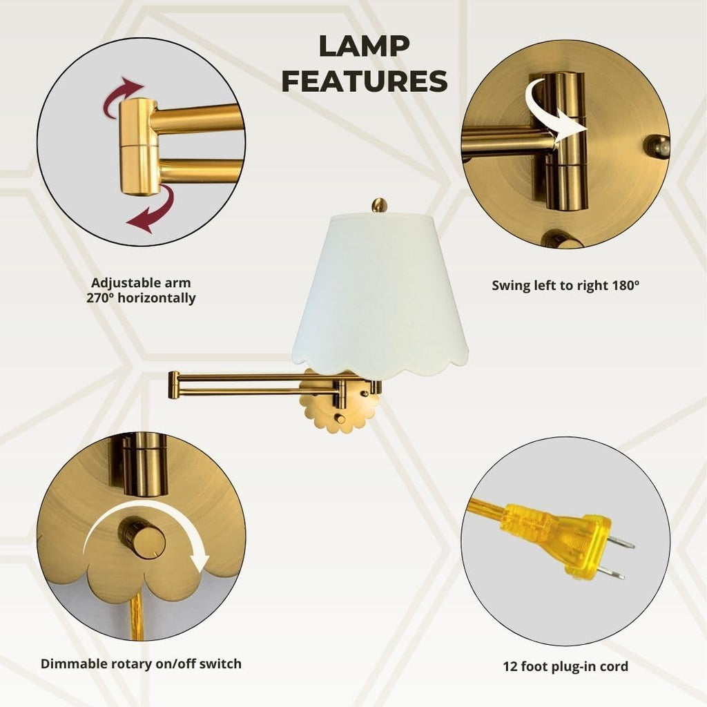 Royal Designs, Inc. Set of 2 Scalloped Swing-Arm Dimmable Wall Lamp - Brushed Satin Brass Lamp with Linen Eggshell Scallop Hardback Lampshade