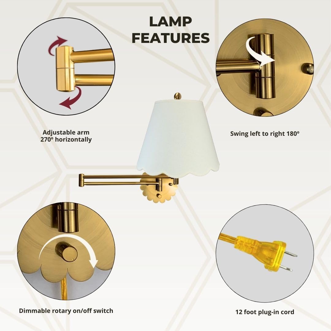 Royal Designs, Inc. Set of 2 Scalloped Swing-Arm Dimmable Wall Lamp - Brushed Satin Brass Lamp with Linen Eggshell Scallop Hardback Lampshade