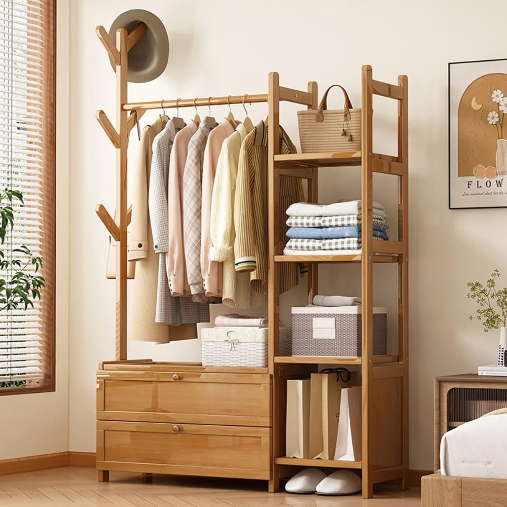 HomeLava Bamboo Garment Rack Heavy Duty Clothes Rack with Drawers Shelves and Side Hook, Clothing Rack for Entry Bedroom (Natural, 31.5'')
