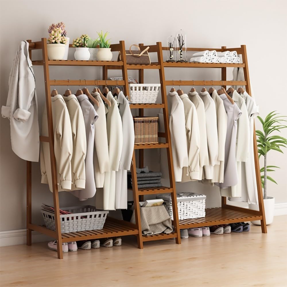 Bamboo Clothes Rack Stand with Hanging Rod Freestanding Coat Garment nizer for Bedroom and Hallway Trapezoid Structure Clothing Hanger Storage Solution