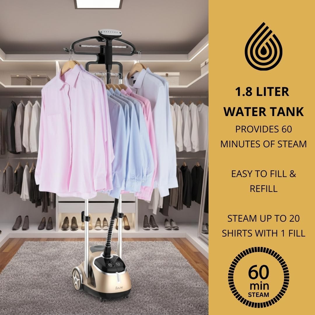SALAV Professional Garment Steamer 1500W with Foot Pedal Control | 45s Fast Heat Up, 1.8L Tank, Up to 1 Hour Continuous Steam, Stainless Steel Nozzle & Wheels – Gold