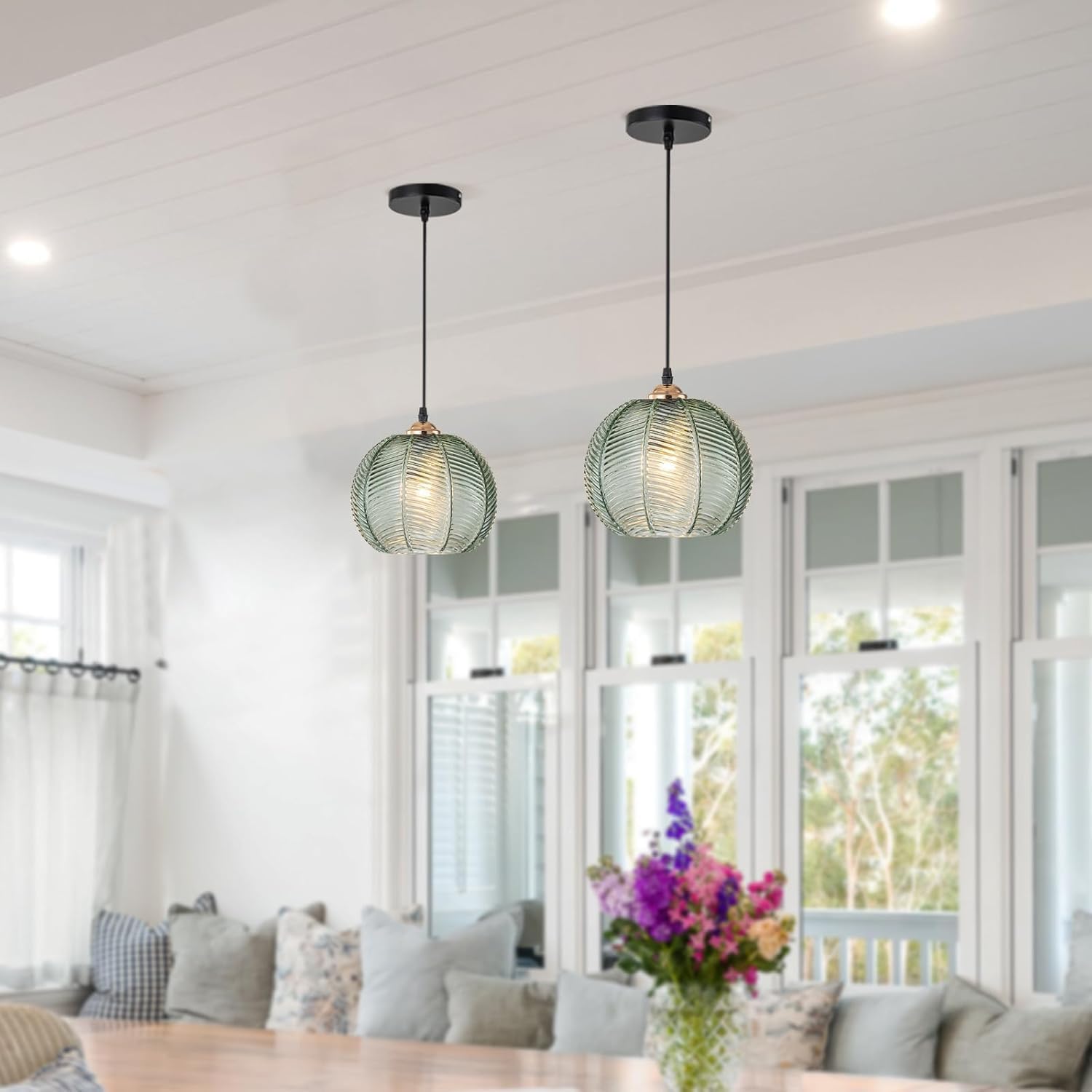 Blown Glass Pendant Light, Mid Century Green Hanging Light Fixture for Dining Room Bedroom, Single Globe Pendant Light Kitchen Island with Adjustable Cord, E26 Base
