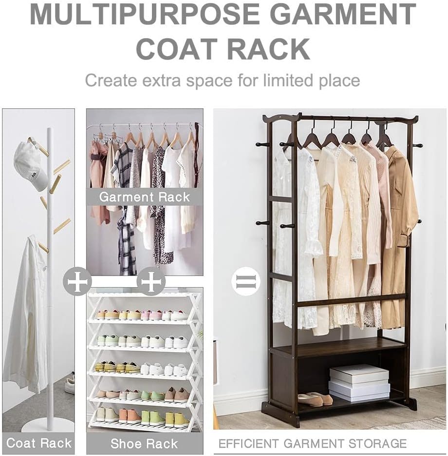 Portable Clothes Racks for Hanging Clothes, Bamboo Garment Rack with 8 Hooks and Lower Storage Shelf for Boxes Shoes Boots, Load 30Kg/a/55 * 39 * 174Cm (B 55*39*174Cm)
