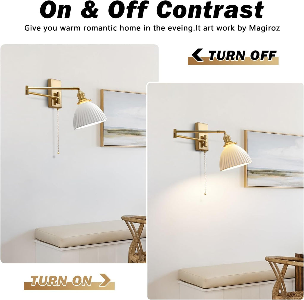 Gold Wall Sconces Set of 2 Modern Bathroom Sconces Wall Lighting Brushed Brass Wall Mount Light Fixture Milk Glass Swing Arm Wall Sconces with Pull Chain Bedroom Hardwired Wall Lamps MWL14D-2