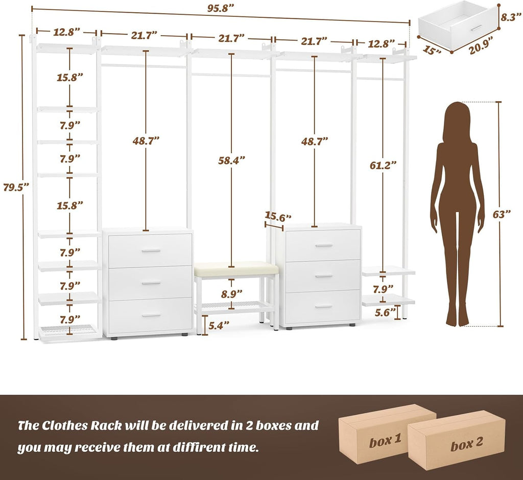 Aheaplus Clothing Rack Heavy Duty Closet System Organizer for Hanging Clothes, 8FT Large Wall Mounted Garment Rack Clothes Rack with 6-Drawers for Wardrobe, Bedroom and as Walk-in Closet System, White