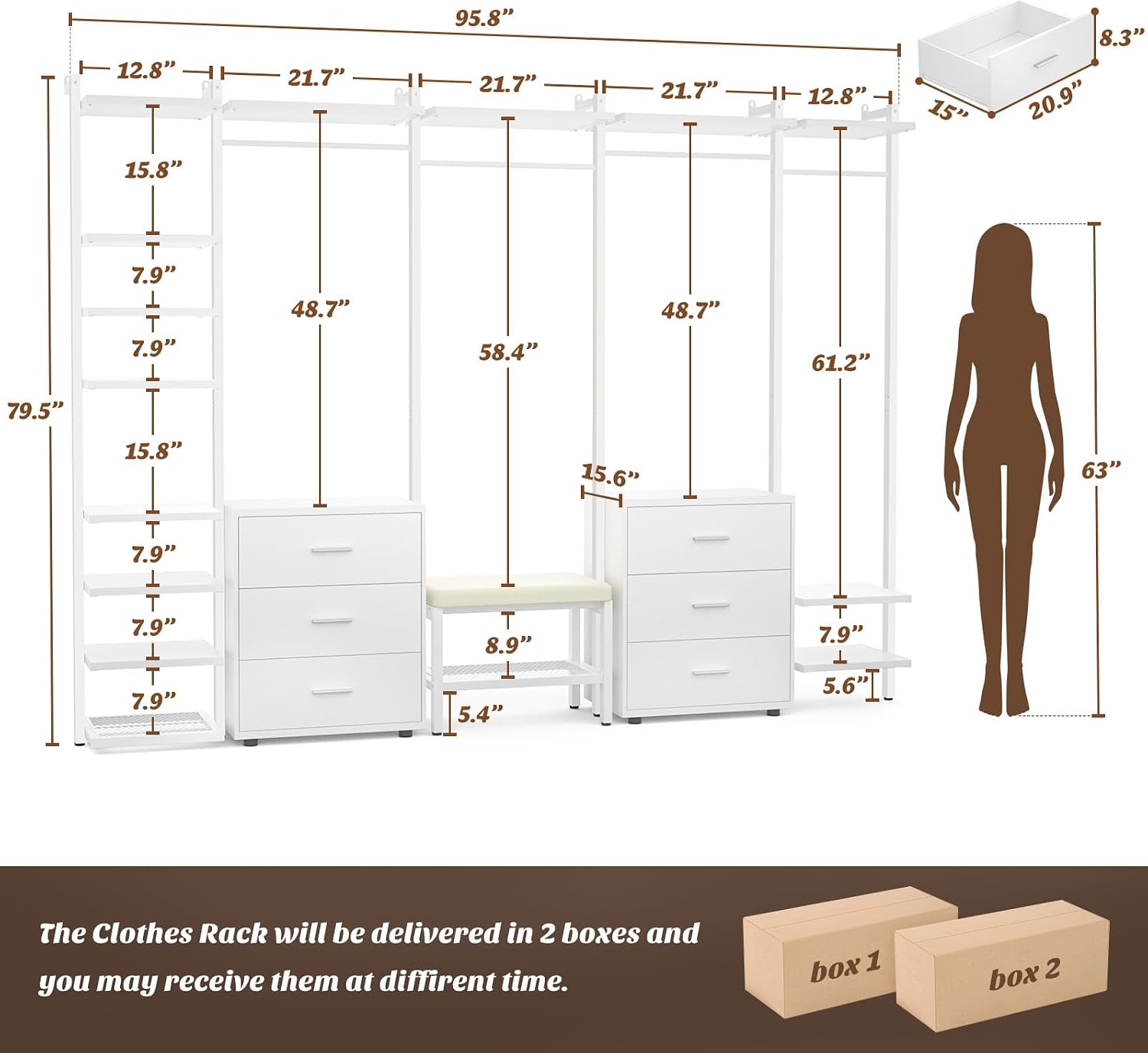 Aheaplus Clothing Rack Heavy Duty Closet System Organizer for Hanging Clothes, 8FT Large Wall Mounted Garment Rack Clothes Rack with 6-Drawers for Wardrobe, Bedroom and as Walk-in Closet System, White