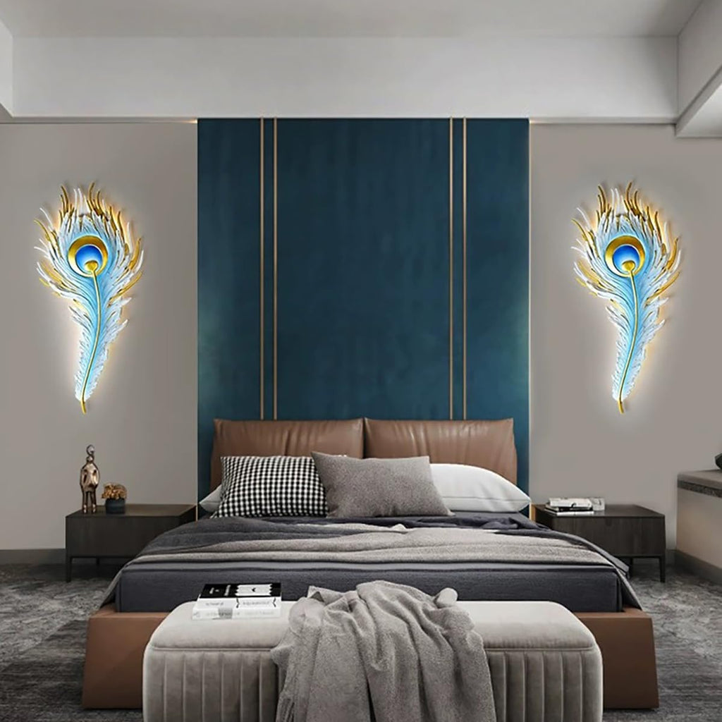 Unique Wall Sconce Feather Wall Lamp LED Dimmable Wall Sconce Lighting Blue Elegant Peacock Feather Design Creative Wall Light Fixtures for Bedroom Living Dining Room Hallway Deco
