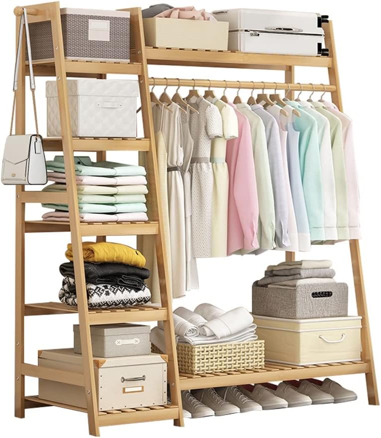 Coat Rack, Bamboo Garment Rack 5 Tier Storage Shelves Clothes Hanging Rack With 2 Side Hooks Heavy Duty Clothing Rack Portable Wardrobe Closet Organizer Space Saving