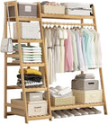Coat Rack, Bamboo Garment Rack 5 Tier Storage Shelves Clothes Hanging Rack With 2 Side Hooks Heavy Duty Clothing Rack Portable Wardrobe Closet Organizer Space Saving