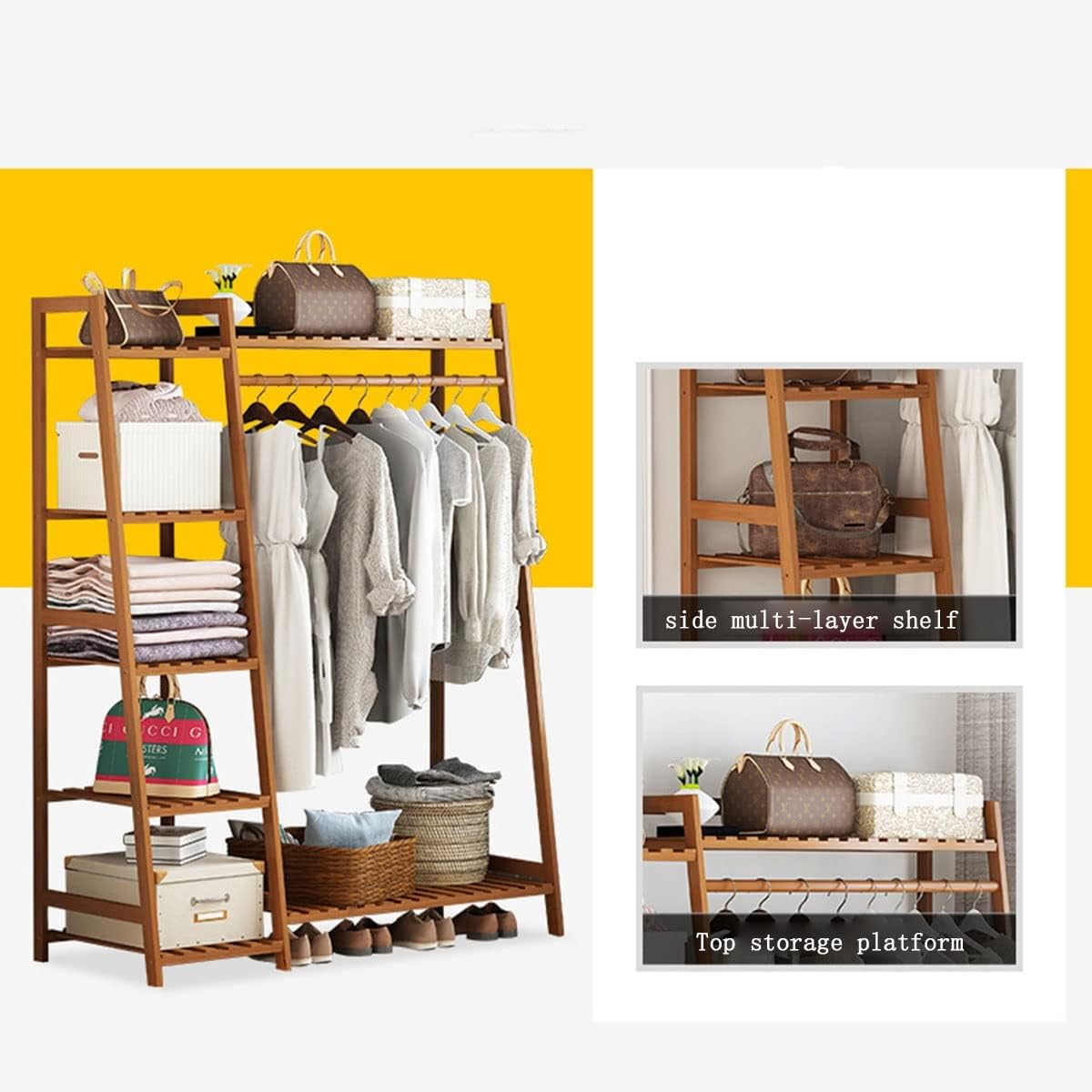 Bamboo Clothes Hanging Rack with 5 Tier Storage Shelves Hooks Portable Rack Cloest Organizer Garment Rack for Bedroom Guest Room/80 * 40 * 140Cm (130*40*140cm )