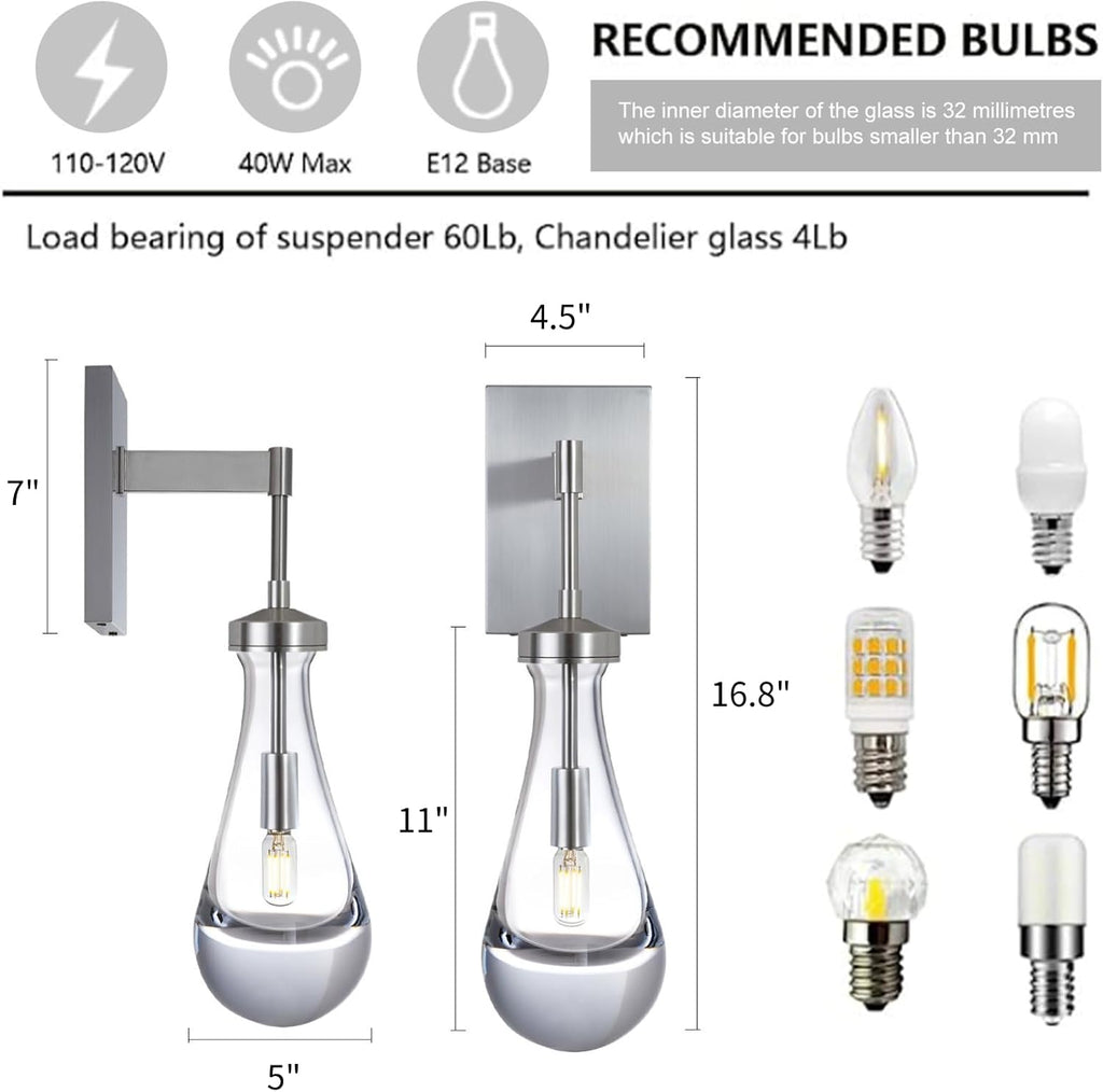 Wall Sconces Set of Two, Nickel Raindrop Sconces Wall Lighting Indoor Wall Lights for Bedroom, Nickel Bathroom Sconce, Wall Sconce Light for Living Room, Hallway