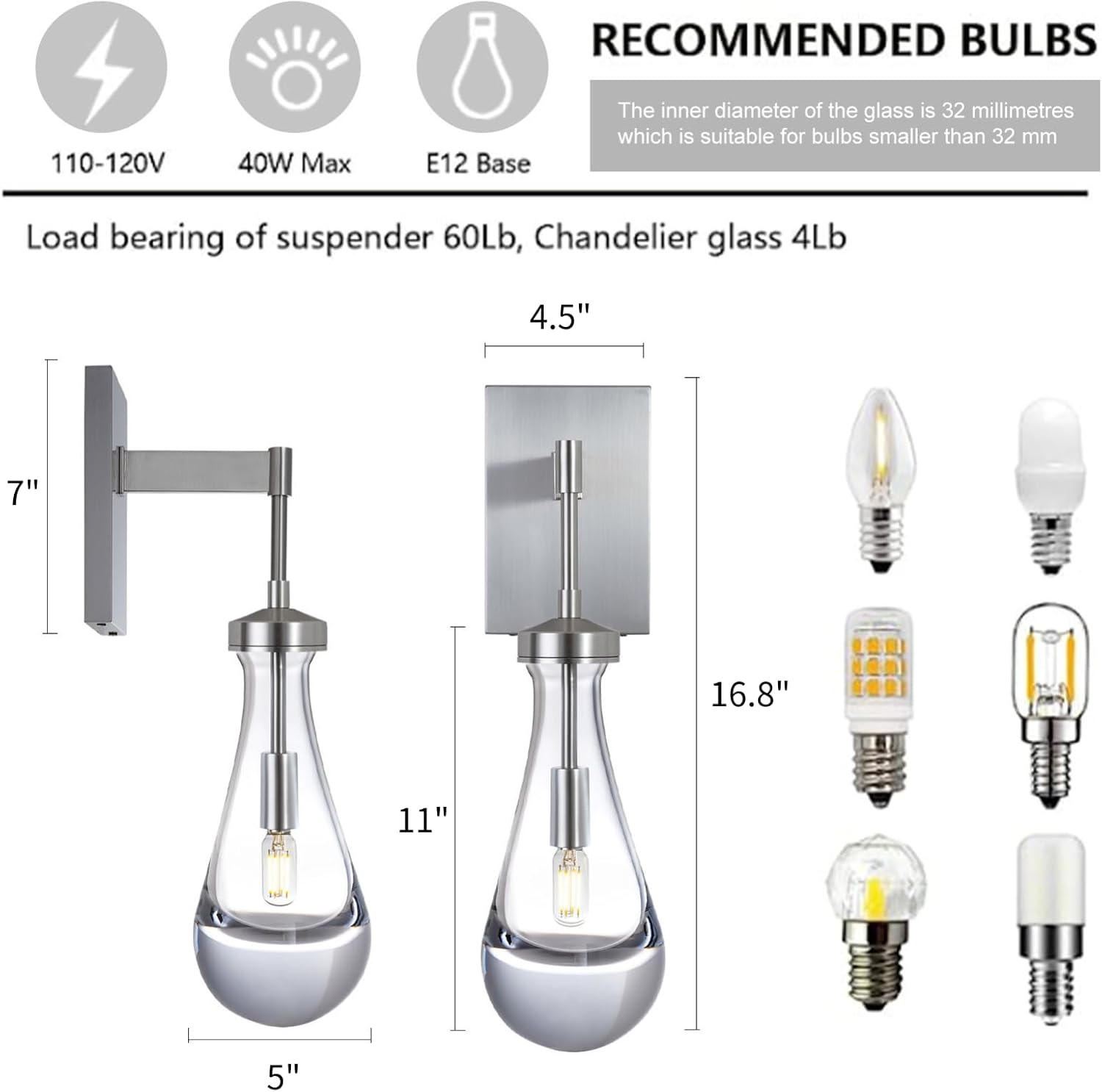 Wall Sconces Set of Two, Nickel Raindrop Sconces Wall Lighting Indoor Wall Lights for Bedroom, Nickel Bathroom Sconce, Wall Sconce Light for Living Room, Hallway