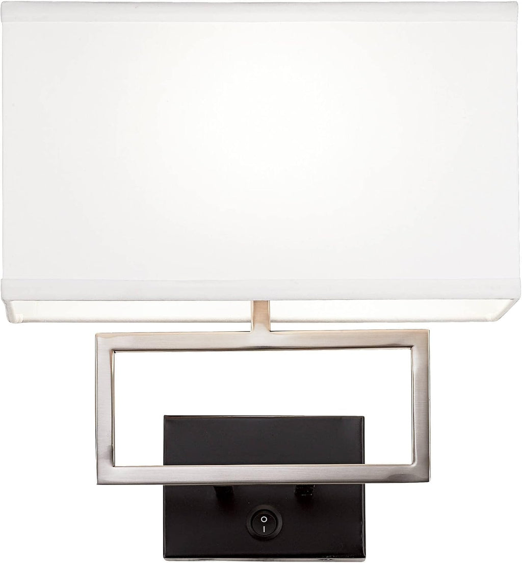 Possini Euro Design Trixie Modern Indoor Wall Lamp Brushed Nickel Silver Matte Black Plug-in Light Fixture Rectangular Fabric Shade for Bedroom Bedside House Reading Living Room Home Hallway Dining