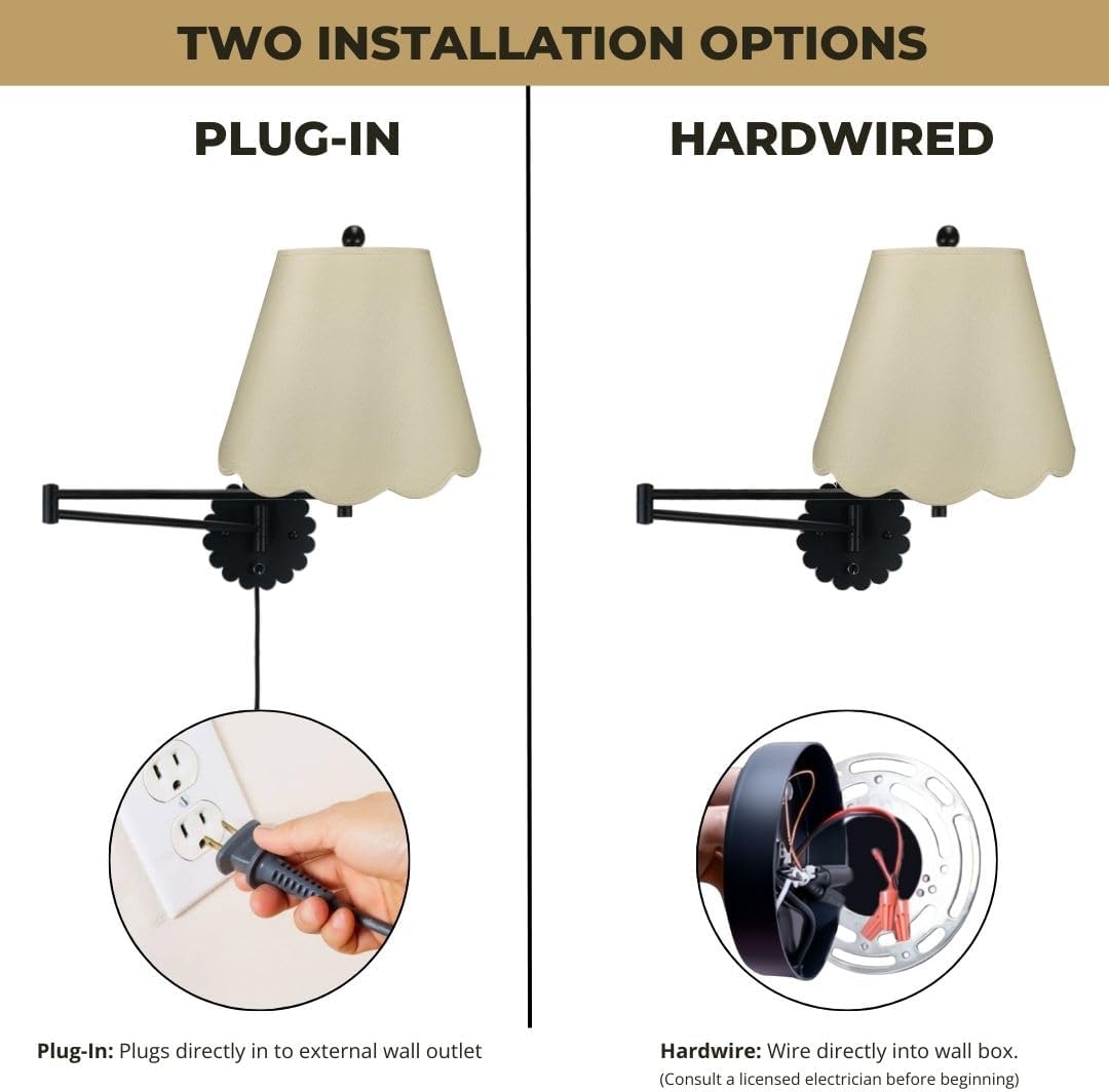 Royal Designs, Inc. Set of 2 Scalloped Swing-Arm Dimmable Wall Lamp - Black Lamp with Beige Scallop Hardback Lampshade