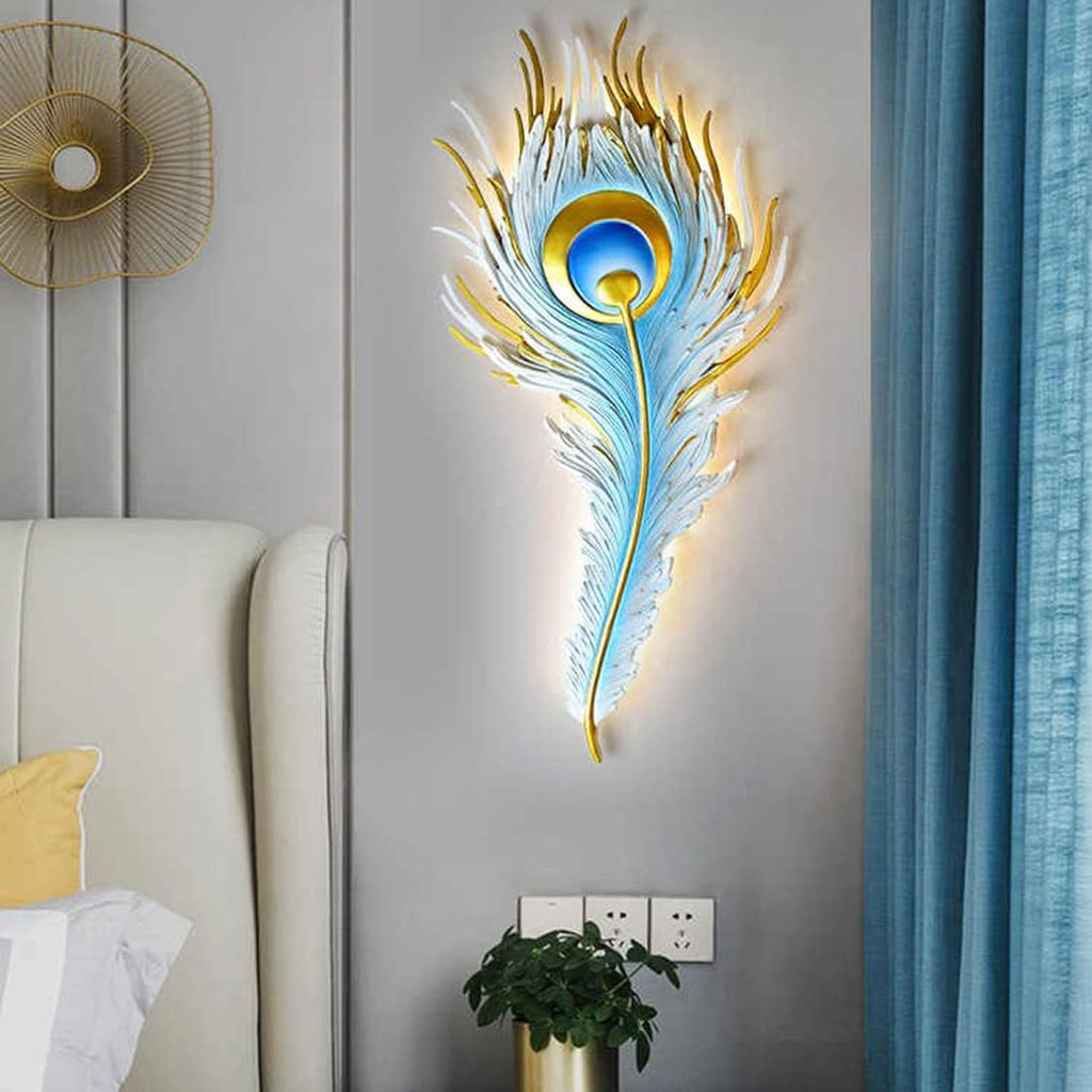 Feather Wall Lamp LED Dimmable Wall Sconce Lighting with Blue Elegant Peacock Feather Design Vintage Modern Wall Light Fixture for Bedroom Living Dining Room Hallway Deco