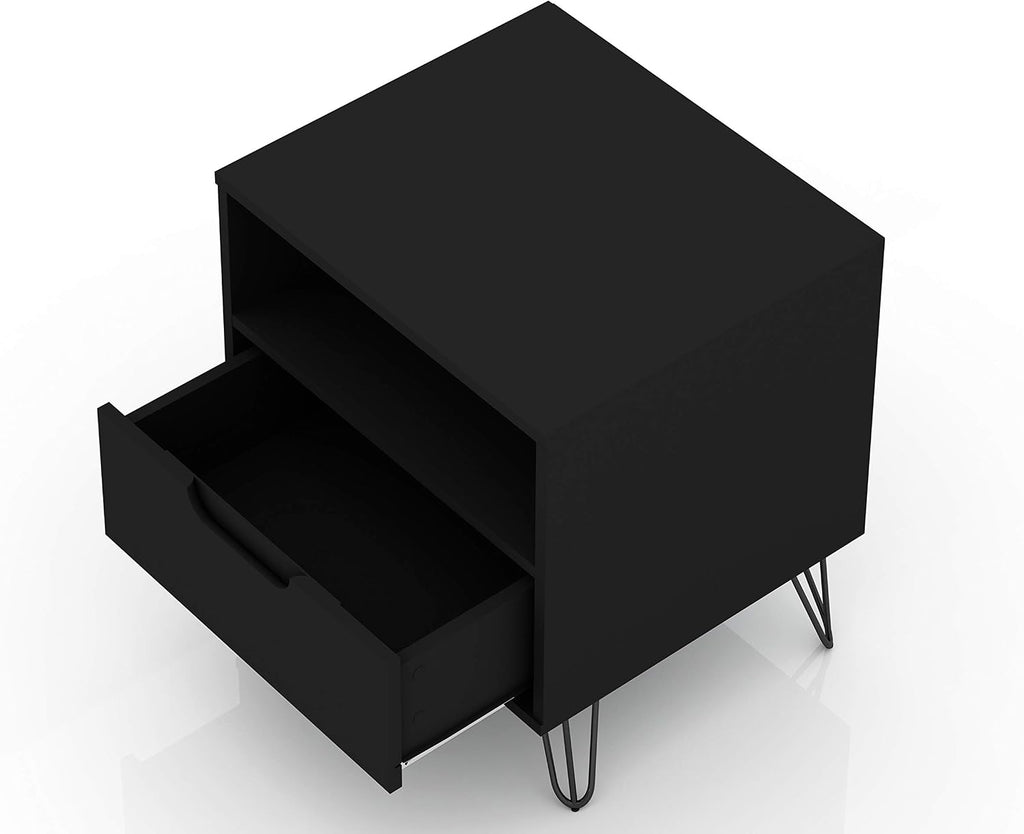 Manhattan Comfort Rockefeller Nightstand with Drawer and Cubby, Mid Century Modern Bedside Table, Minimalist Display and Storage Organizer, Ideal for Bedroom and Living Room, Black